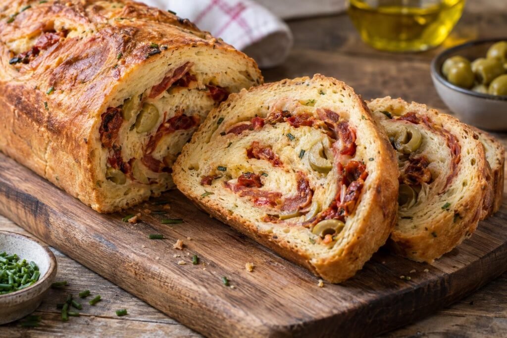 Rebanadas de cake salado de chorizo con tomates secos, aceitunas y cebollino, de corteza dorada y miga tierna.