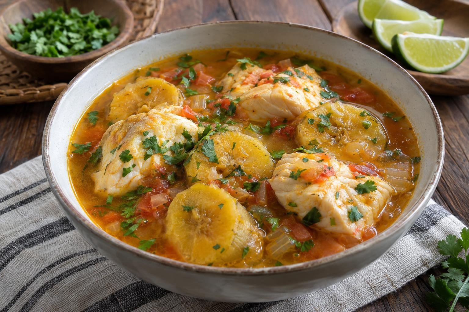 Caldo amazónico de pescado con plátano verde, cilantro y gajos de limón servido en un plato hondo.