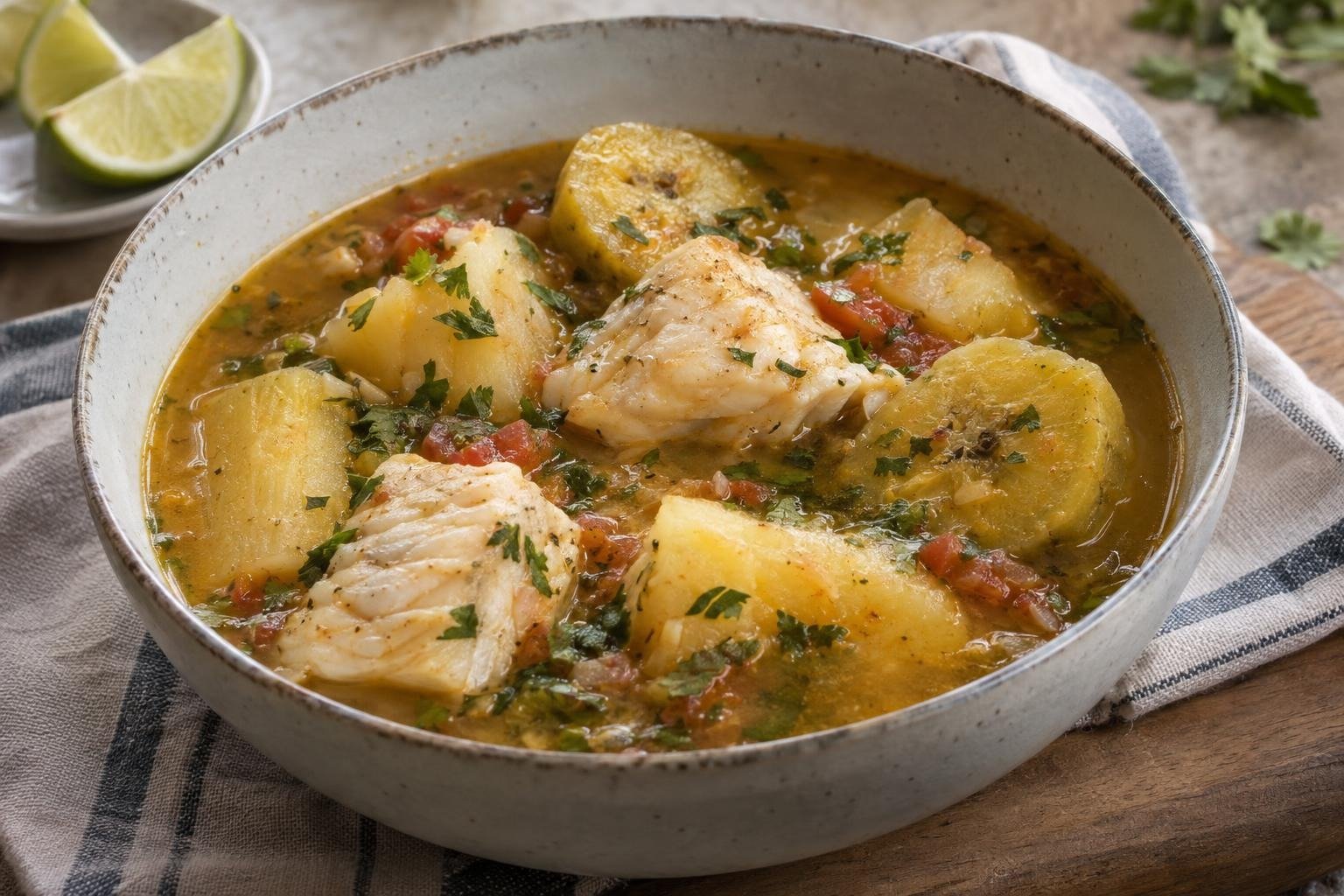 Caldo espeso de pescado con trozos de plátano verde, yuca, tomate y cilantro servido en un plato hondo.