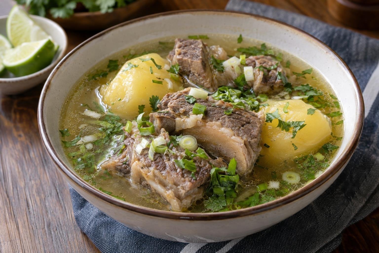 Plato hondo de caldo de costilla colombiano con trozos de res, papa, cilantro y cebolla larga, acompañado de limón.