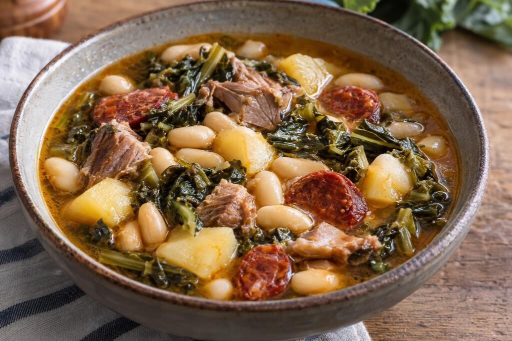 Plato hondo de caldo gallego con alubias, patata, chorizo, verduras de hoja y cerdo en un caldo dorado