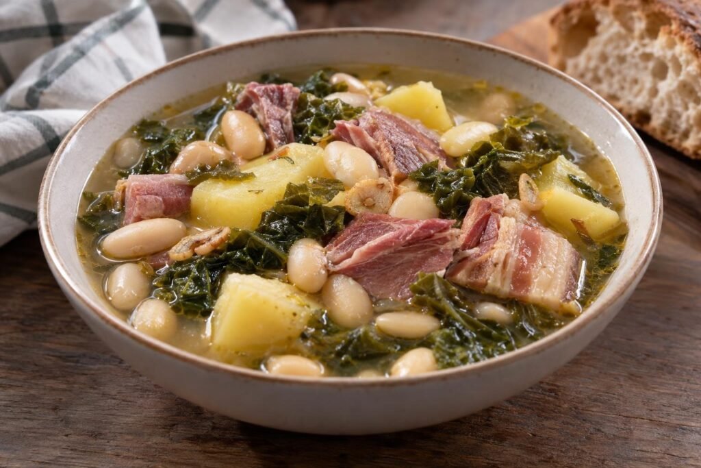 Plato hondo de caldo gallego con alubias blancas, lacón, patata, berza y tocino en caldo dorado