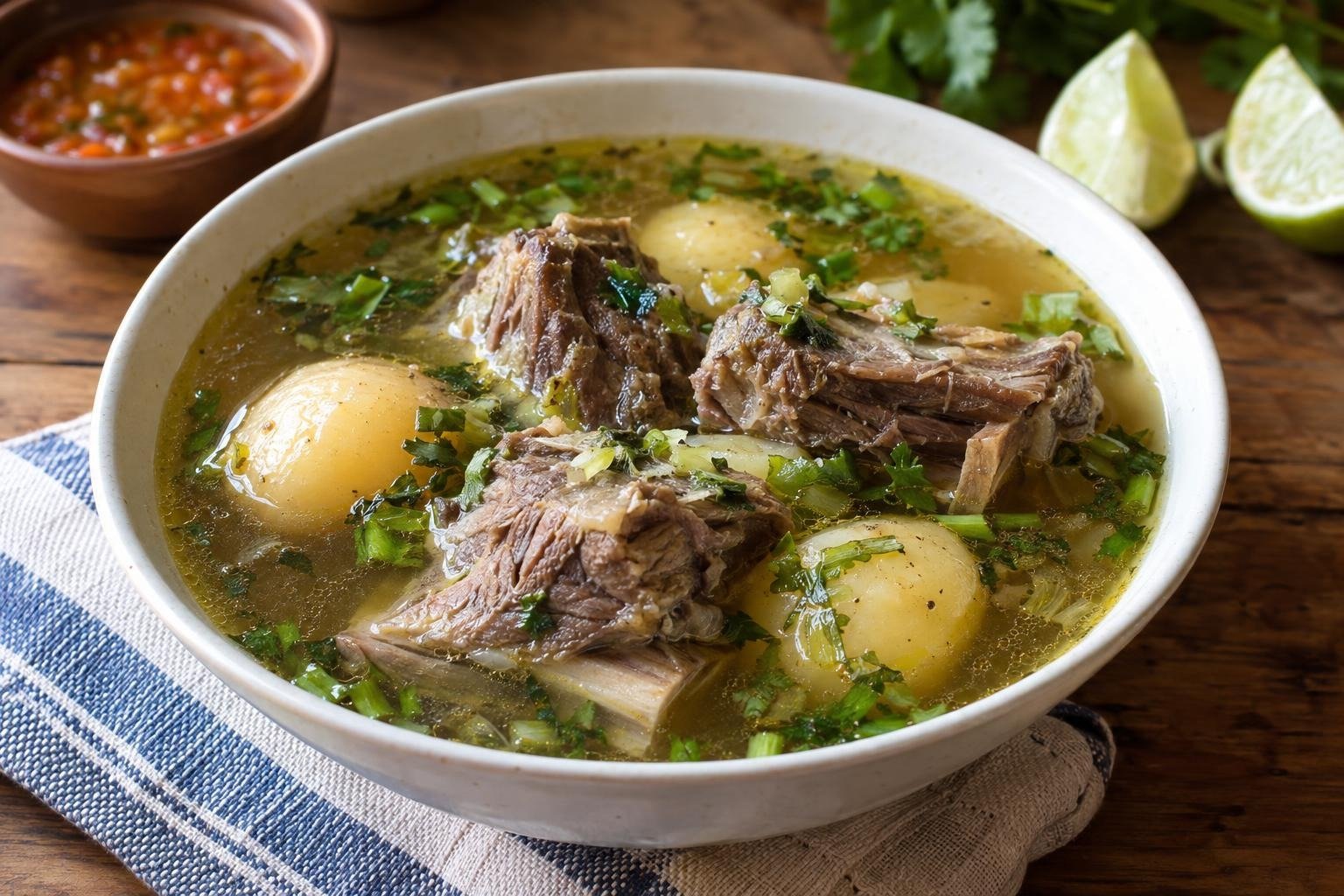 Plato hondo de caldo santandereano con costilla de res, papas tiernas, cilantro y limón