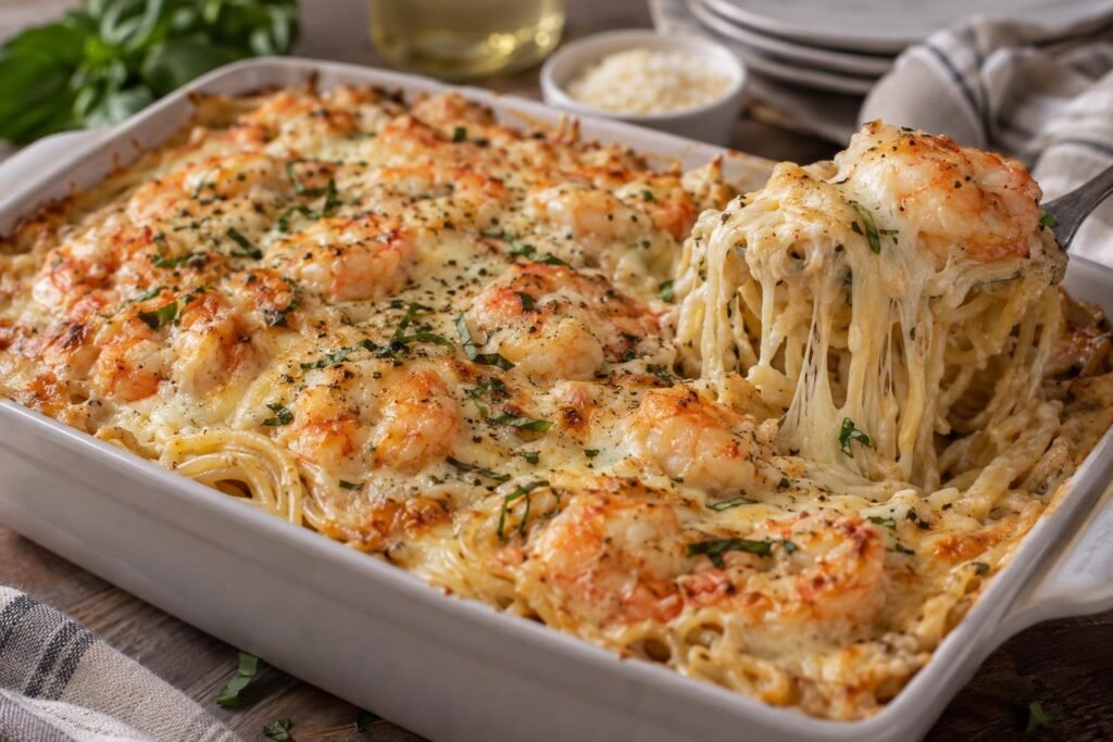 Porción de espaguetis con camarones en salsa blanca cremosa y queso gratinado dorado