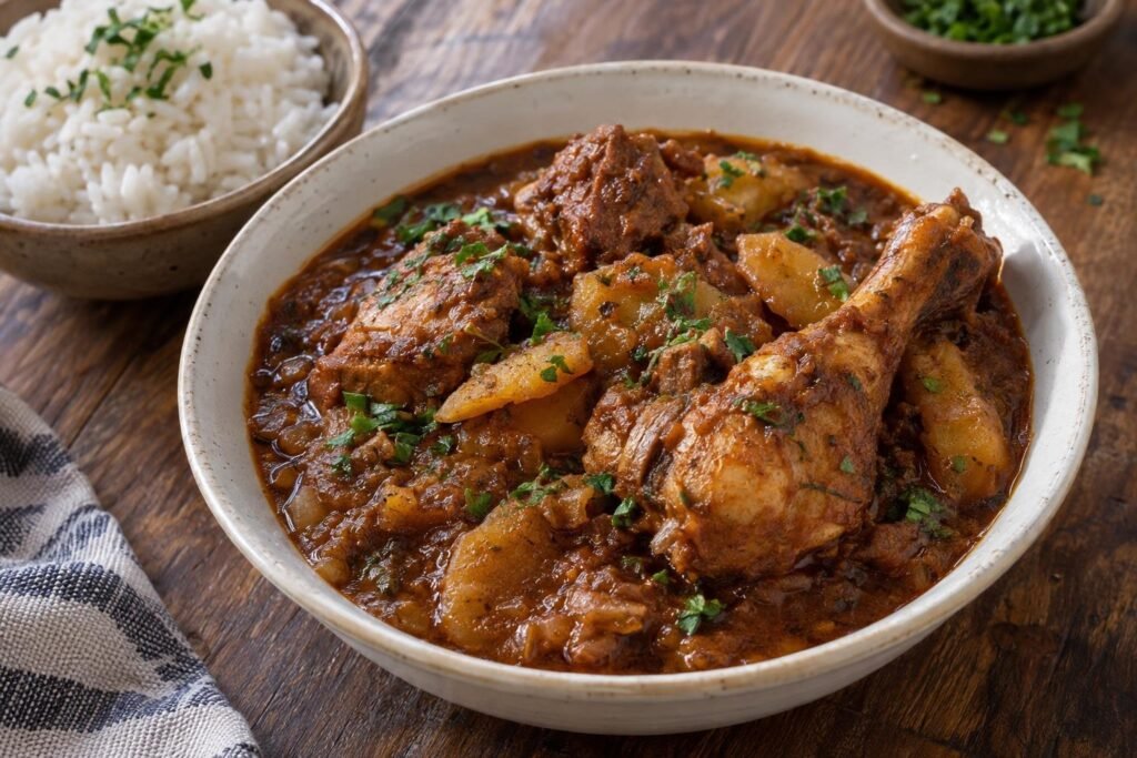 Carapulcra limeña peruana con papa seca, cerdo, gallina, salsa de ají panca, maní tostado y perejil picado