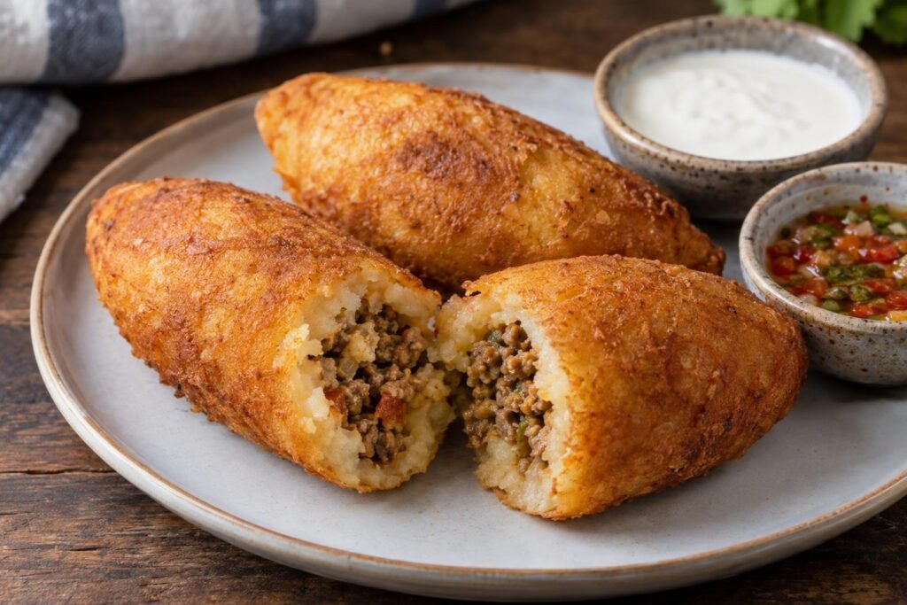 Carimañolas colombianas de yuca rellenas de carne molida, doradas y servidas con ají y suero costeño.