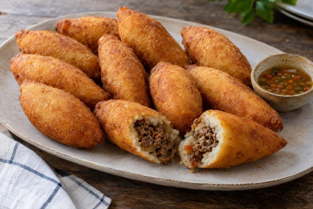Carimañolas colombianas alargadas de yuca rellenas de carne molida, doradas y servidas con ají.