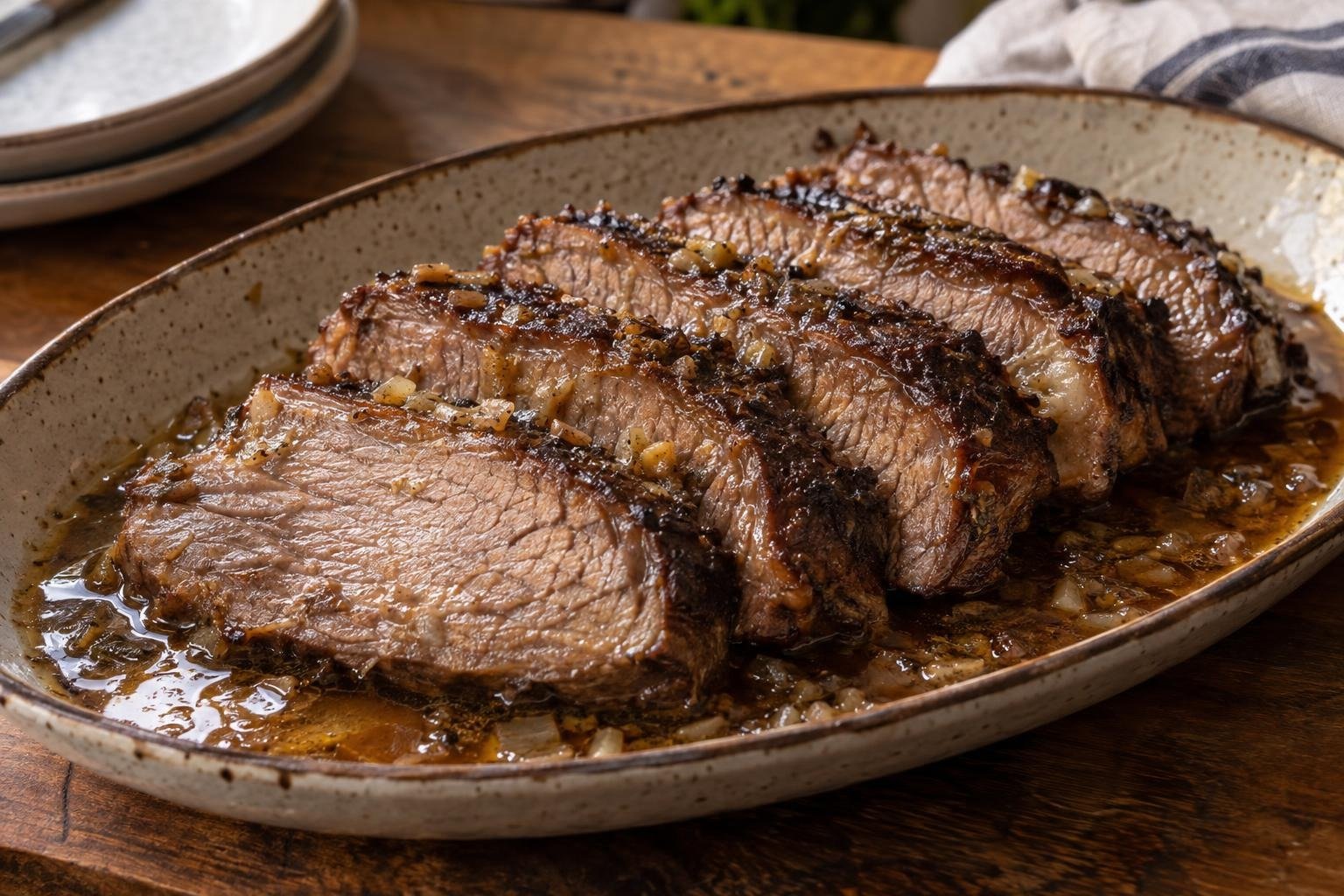 Tajadas gruesas de sobrebarriga de res preparada como carne a la llanera al horno, doradas y servidas con sus jugos de cocción.