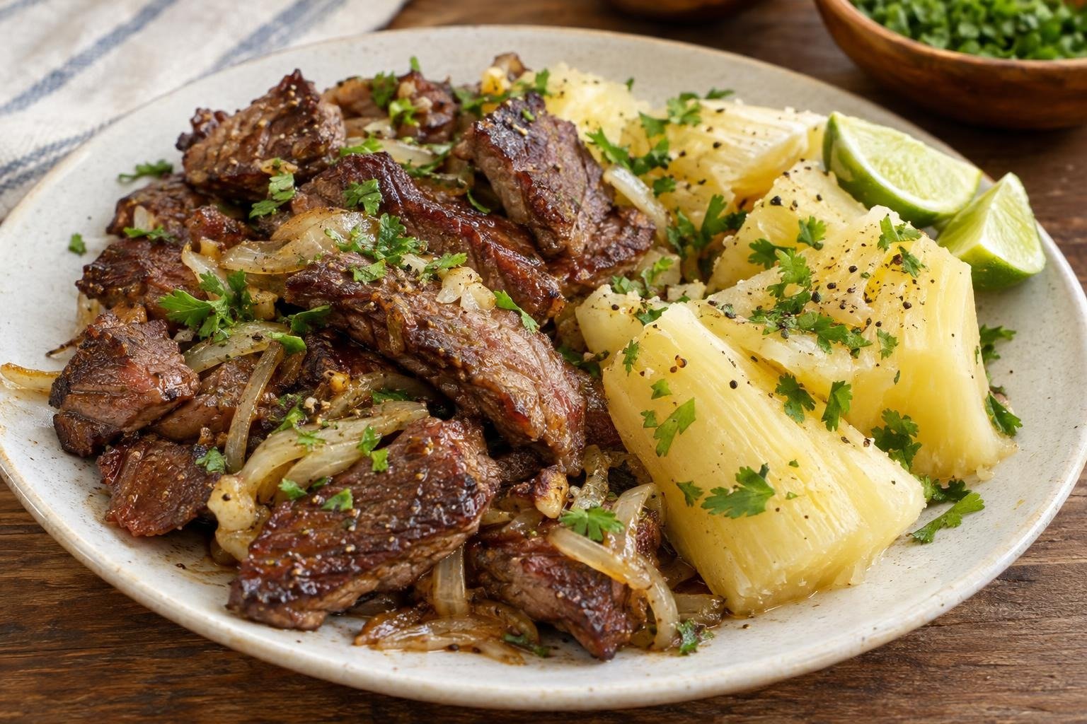 Tiras doradas de carne de sol brasileña con cebolla, mandioca cocida, cilantro y limón