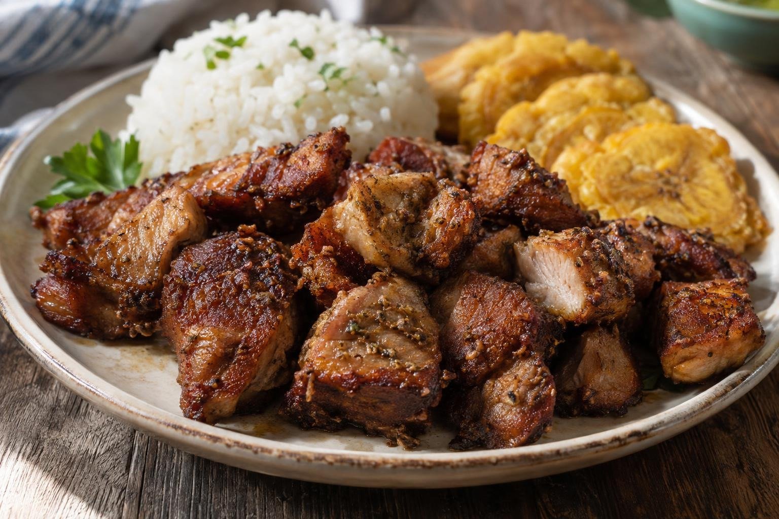 Trozos dorados de carne frita puertorriqueña de cerdo servidos con arroz blanco y tostones