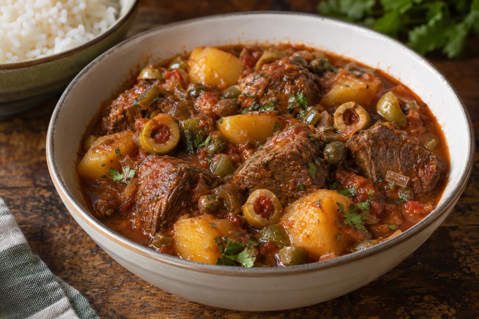Plato de carne guisada puertorriqueña con cubos de res, papa, aceitunas y alcaparras en salsa de tomate espesa.