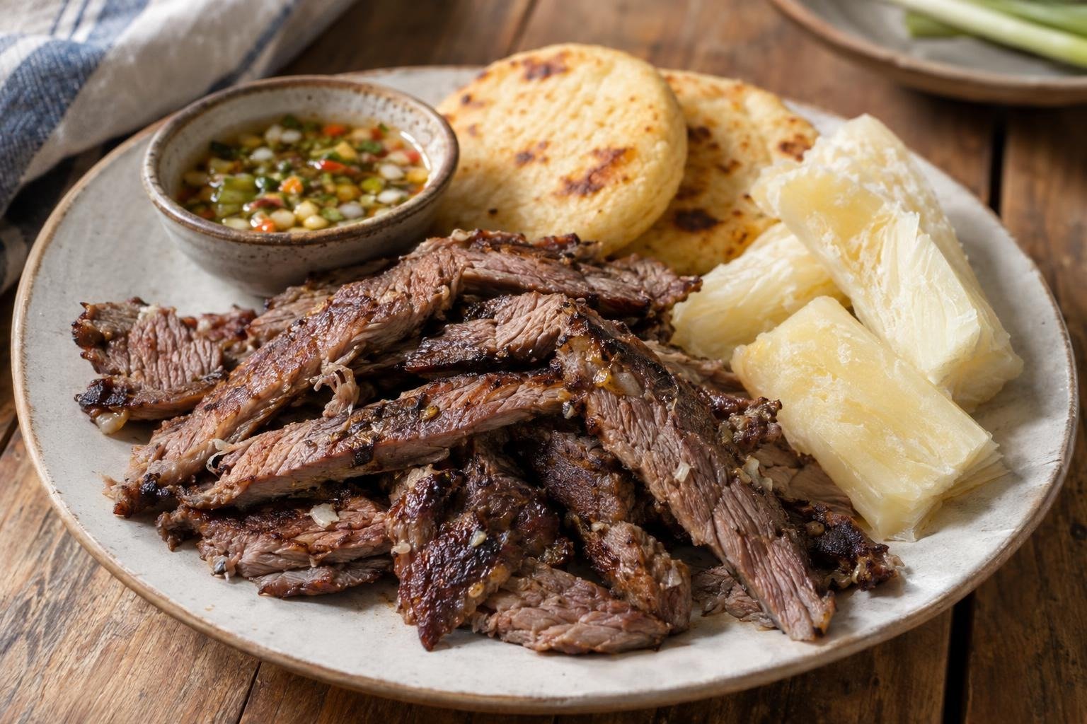 Tiras de carne oreada santandereana doradas, servidas con arepas y yuca.