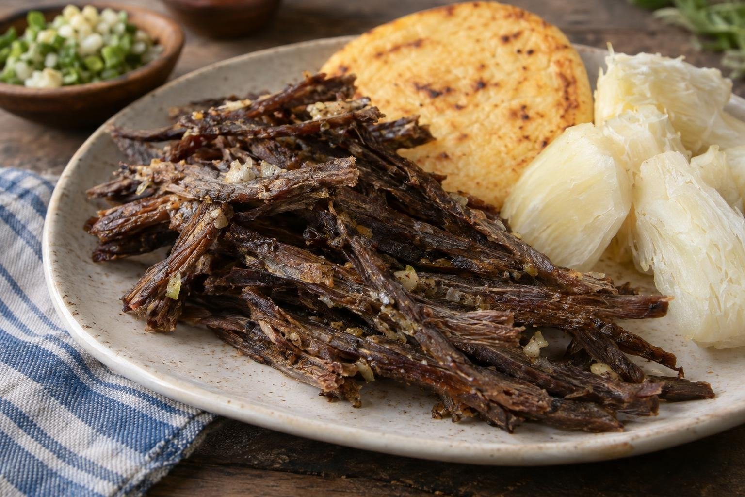 Tiras de carne seca llanera colombiana sazonadas con ajo, cebolla larga y comino, servidas con arepa y yuca cocida.