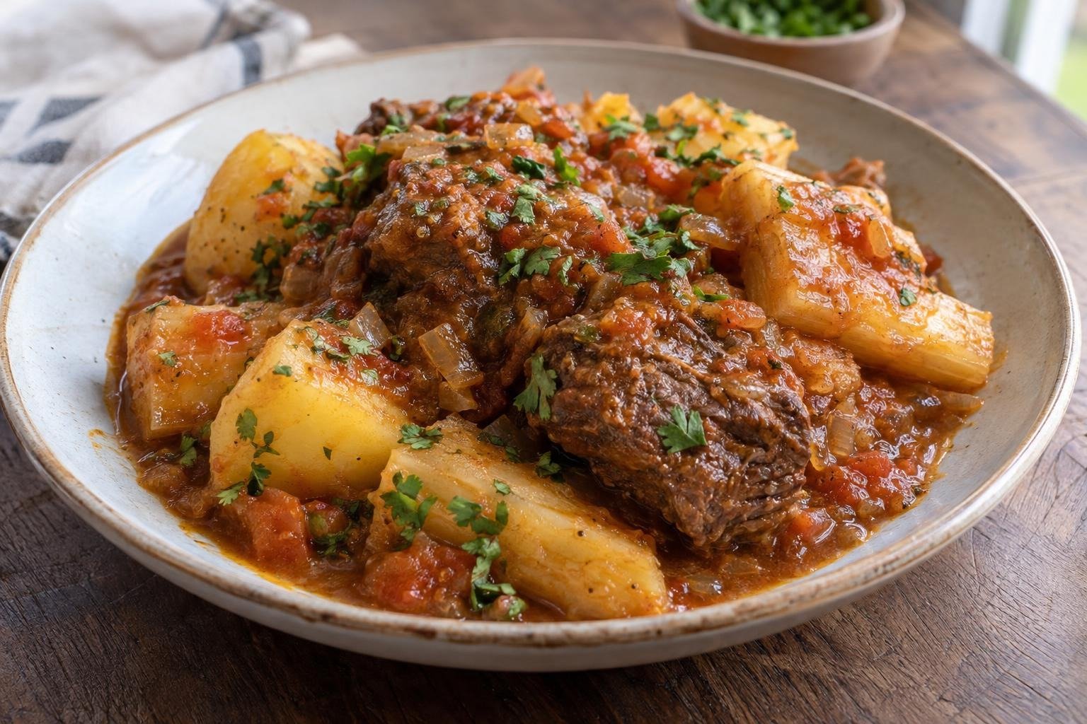 Carne sudada santandereana con trozos tiernos de res, papa, yuca y salsa espesa de tomate y cebolla.