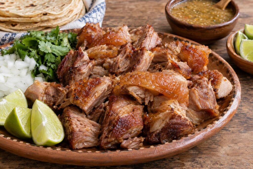 Carnitas estilo Hidalgo doradas y tiernas servidas con tortillas de maíz, cebolla, cilantro, limón y salsa.