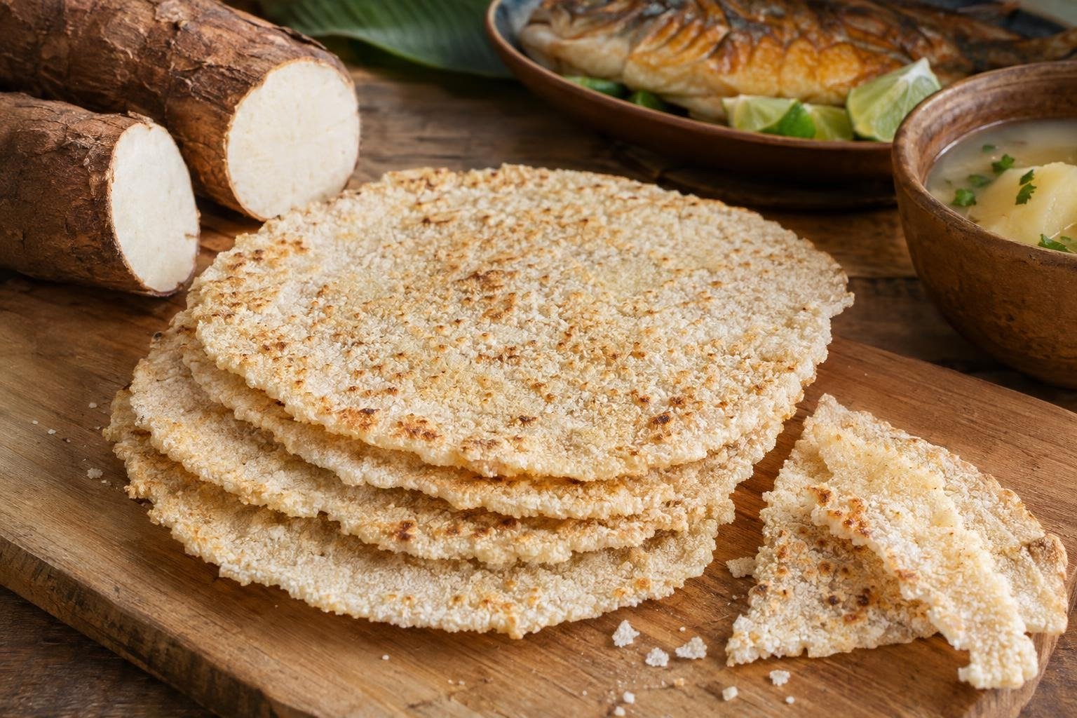 Discos delgados de casabe amazónico colombiano de yuca, secos y ligeramente dorados, servidos junto a un acompañamiento de pescado.
