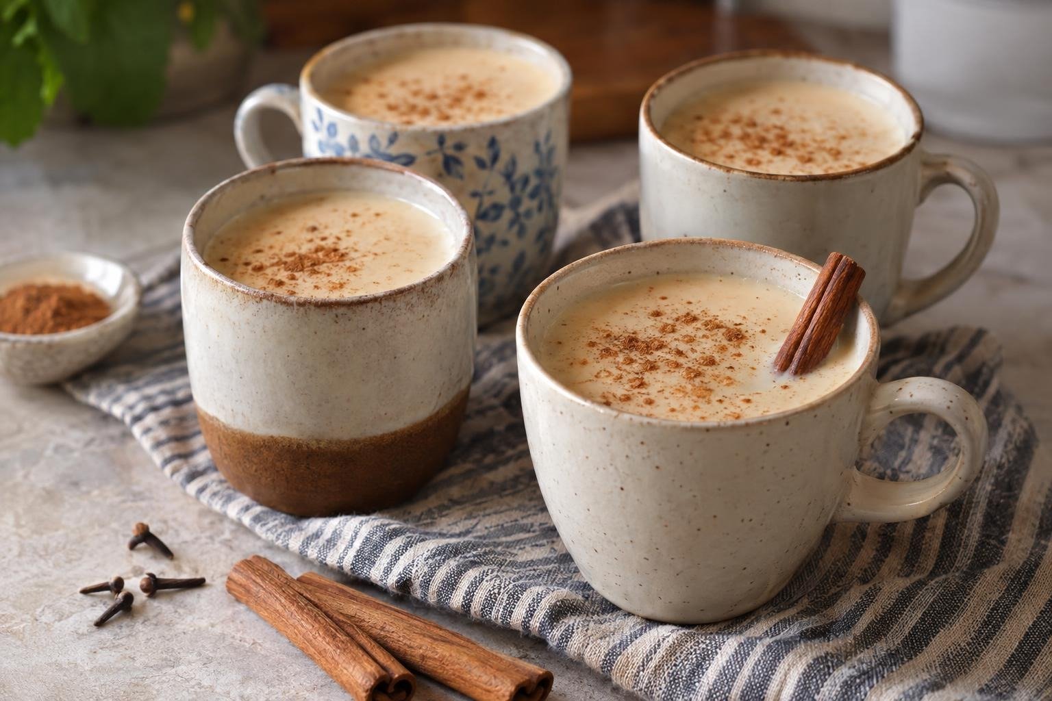 Cuatro tazas de caspiroleta colombiana cremosa con canela, servida caliente y con textura sedosa