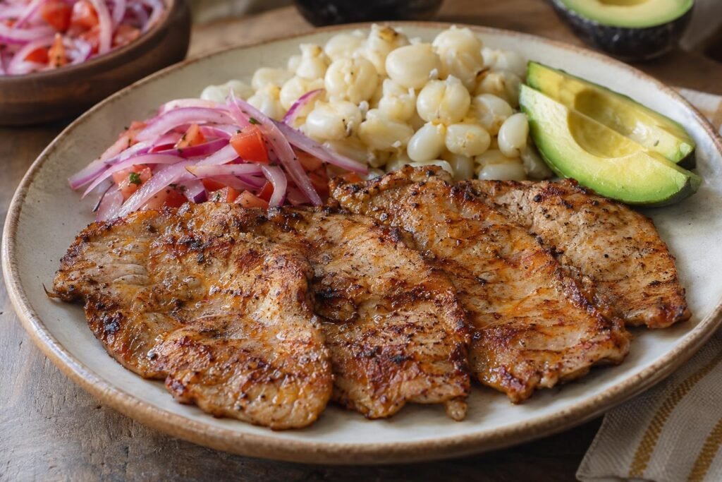 Filetes delgados de cecina lojana de cerdo dorados, servidos con mote, aguacate, cebolla morada y tomate.