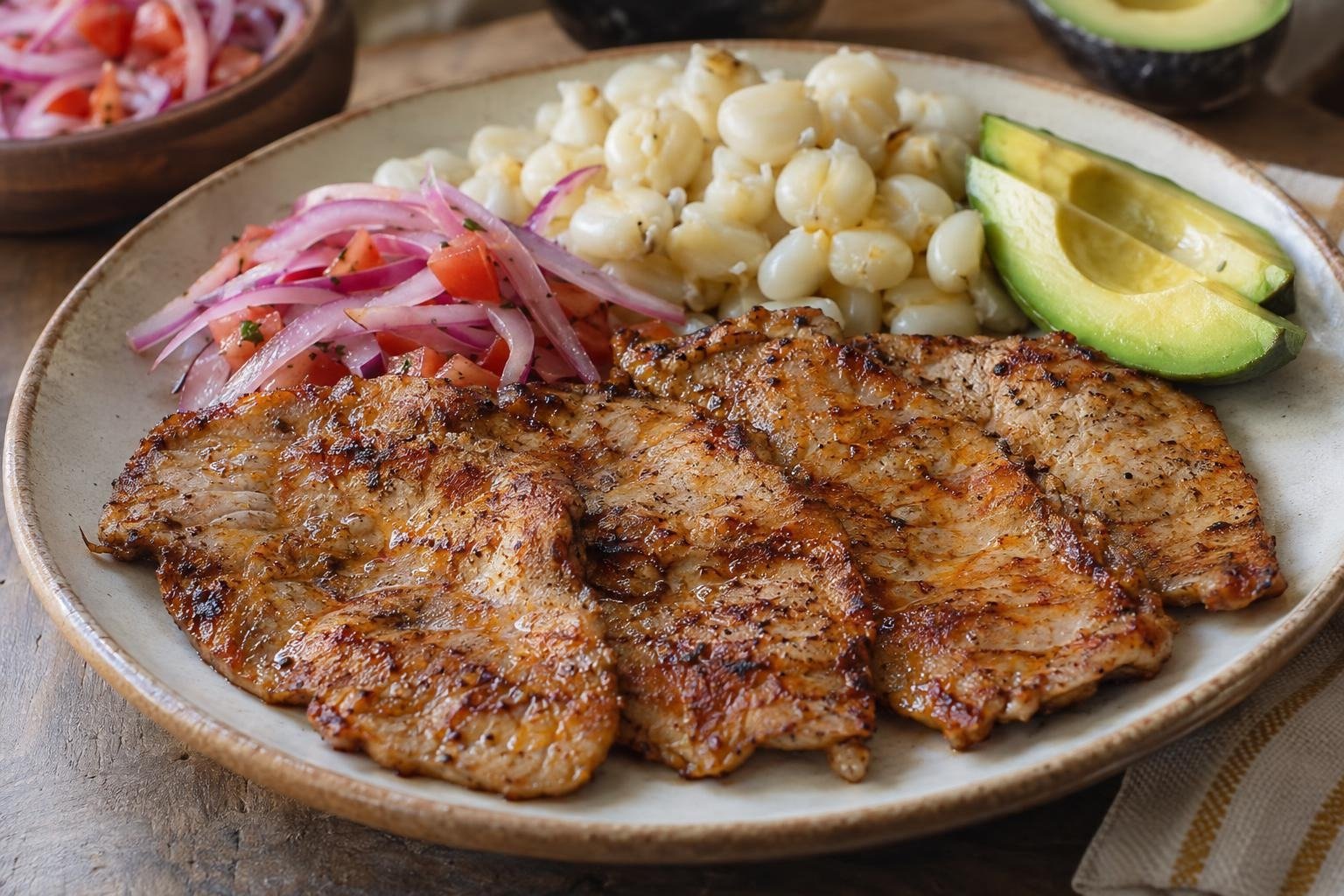 Filetes delgados de cecina lojana de cerdo dorados, servidos con mote, aguacate, cebolla morada y tomate.