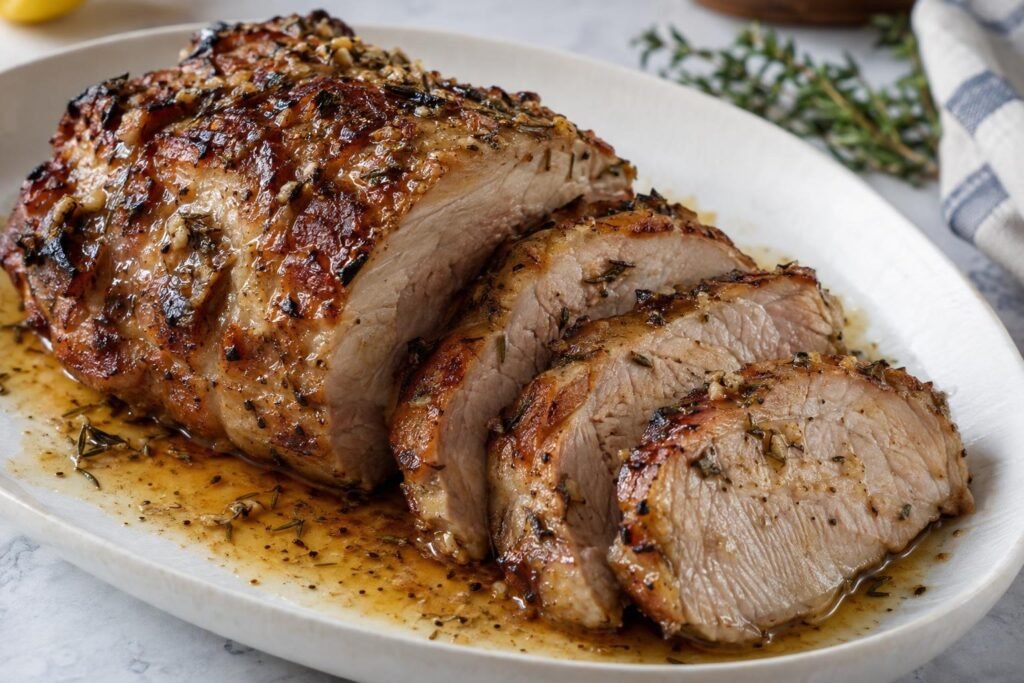 Tajadas de bondiola de cerdo asada al horno con glaseado de miel, limón, ajo y tomillo