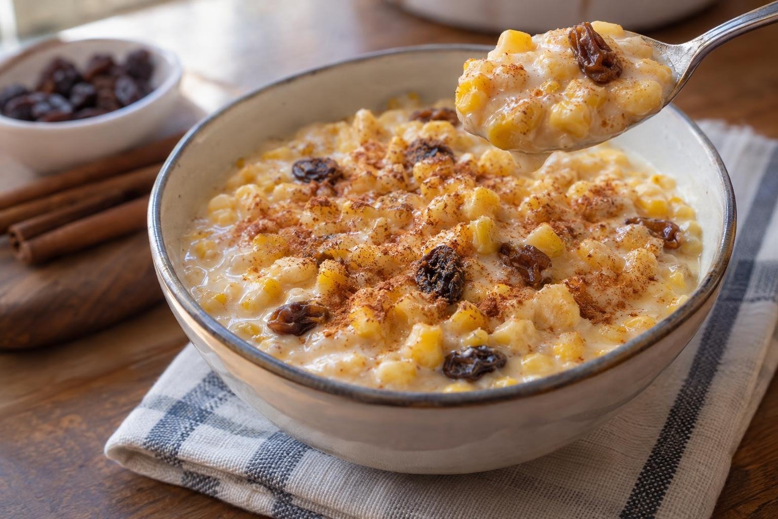 Tazón de chacá dominicano de maíz cremoso con pasas, leche de coco y canela