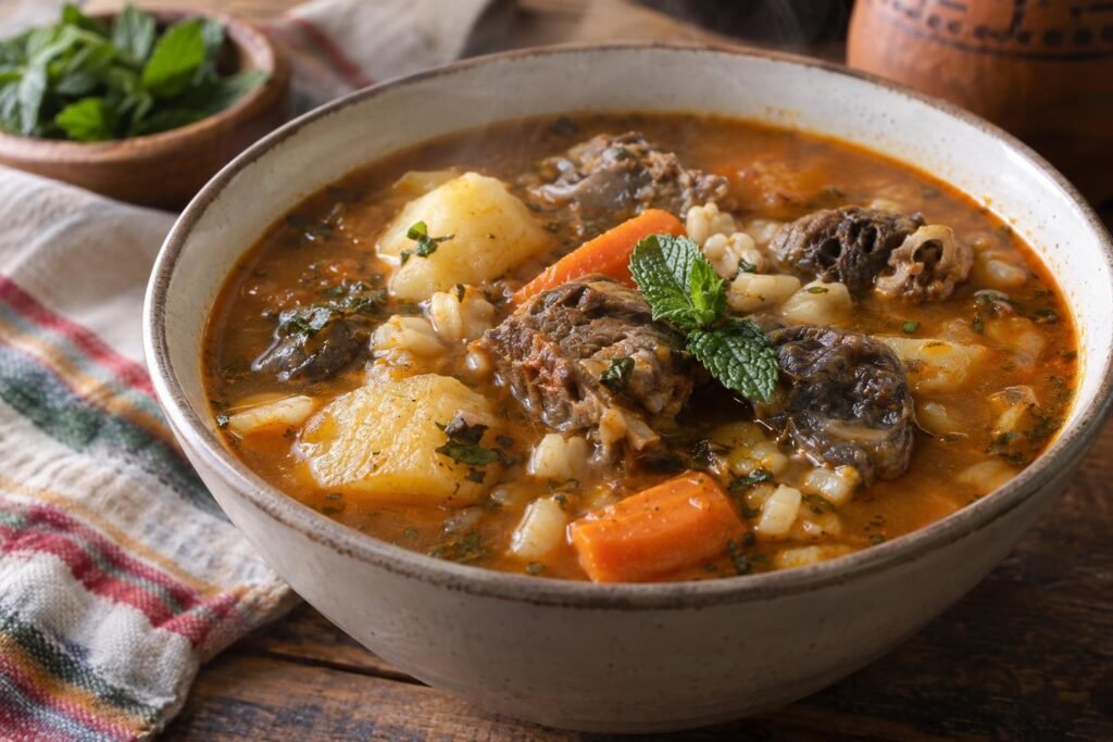 Plato hondo de chairo paceño boliviano con carne, papa, chuño, mote, zanahoria y hierbabuena