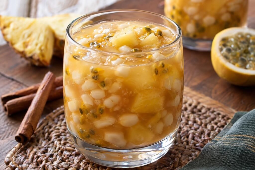 Vaso de champús valluno colombiano con maíz cocido, cubos de piña y pulpa de lulo.