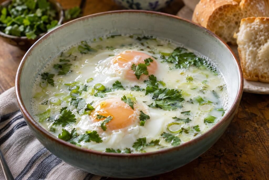 Tazón de changua santafereña con huevos de yema tierna, leche, cebolla larga y cilantro