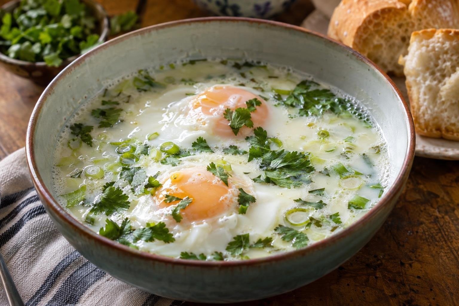 Tazón de changua santafereña con huevos de yema tierna, leche, cebolla larga y cilantro