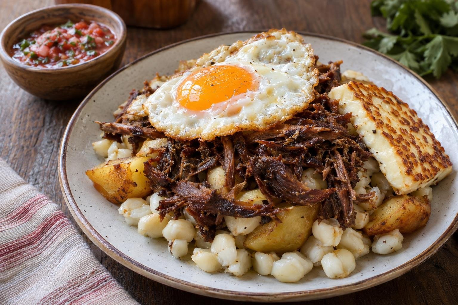 Charquekan orureño boliviano con charque dorado, mote, papas, huevo frito, queso tostado y llajwa