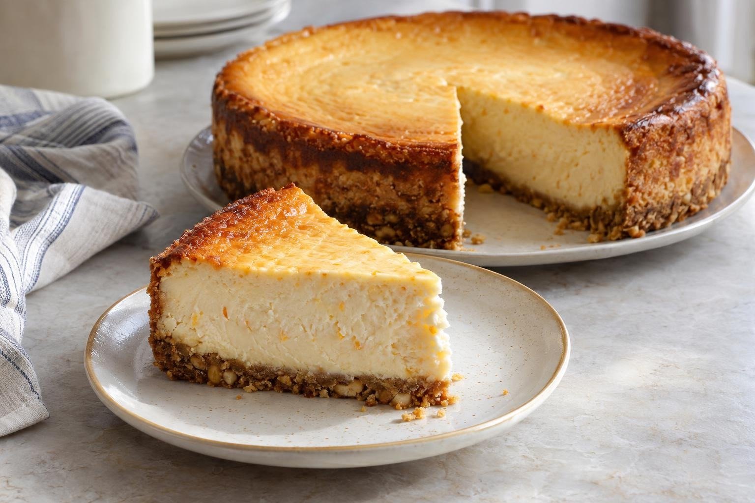 Cheesecake horneado de naranja y vainilla con una porción cortada que muestra el relleno cremoso y la base de galletas y almendras tostadas.