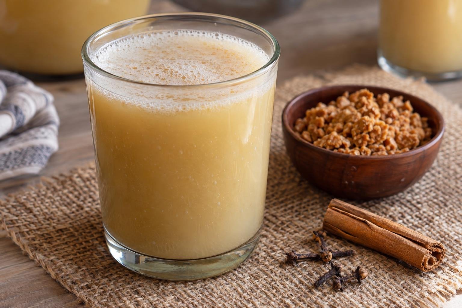 Vaso de chicha tolimense de maíz fría, beige dorada y ligeramente espesa, junto a panela, canela y clavos de olor.