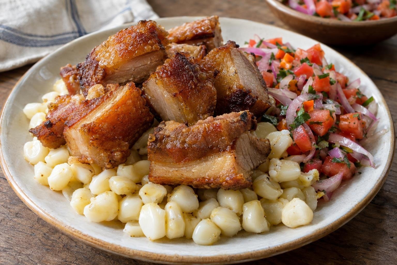 Chicharrón boliviano dorado servido sobre mote caliente con salsa fresca de tomate, cebolla morada, ají y cilantro.