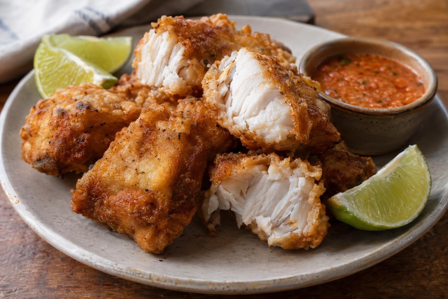 Trozos dorados y crujientes de chicharrón de pirarucú amazónico servidos con gajos de limón.