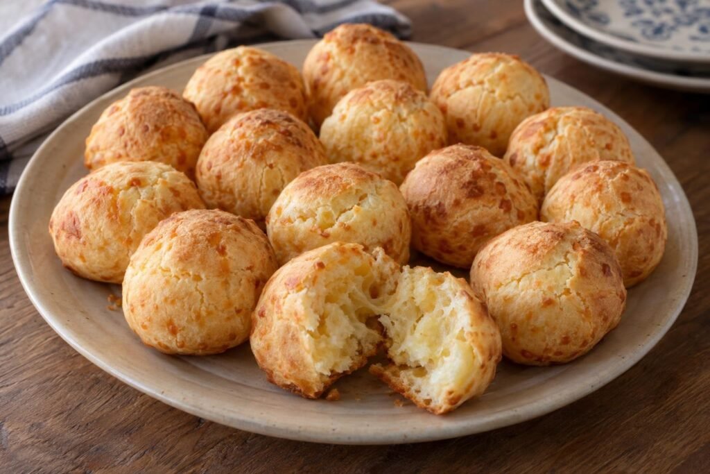 Chipas paraguayas de queso doradas, pequeñas y redondas, con una pieza partida que muestra su interior tierno.