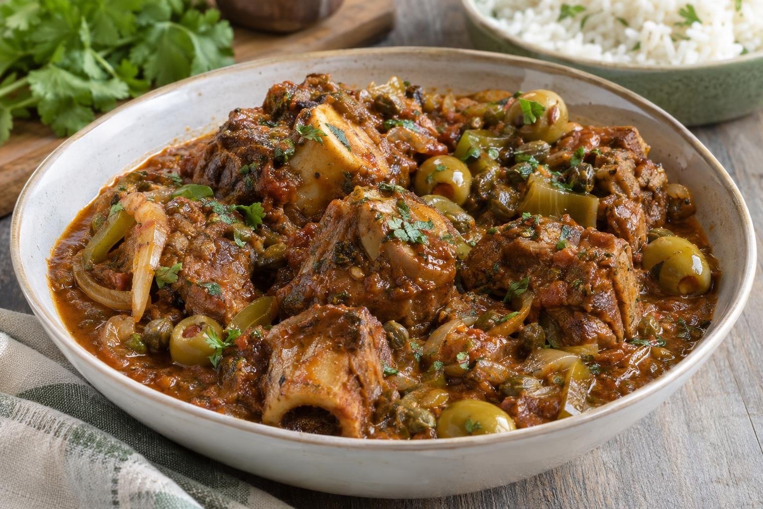 Plato de chivo guisado dominicano en salsa de tomate con aceitunas, alcaparras y cilantro, acompañado de arroz blanco.