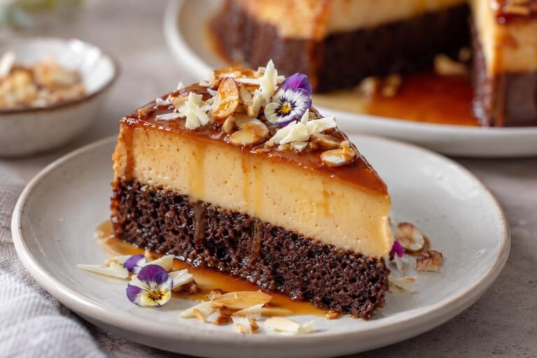 Tajada de chocoflan decorado con capas de flan y bizcocho de chocolate, caramelo, almendras caramelizadas y chocolate blanco.