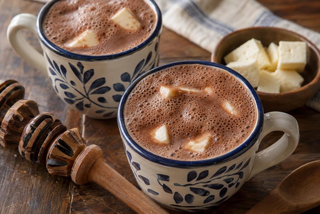 Dos tazas de chocolate santafereño espumoso con cubos tiernos de queso campesino parcialmente sumergidos.