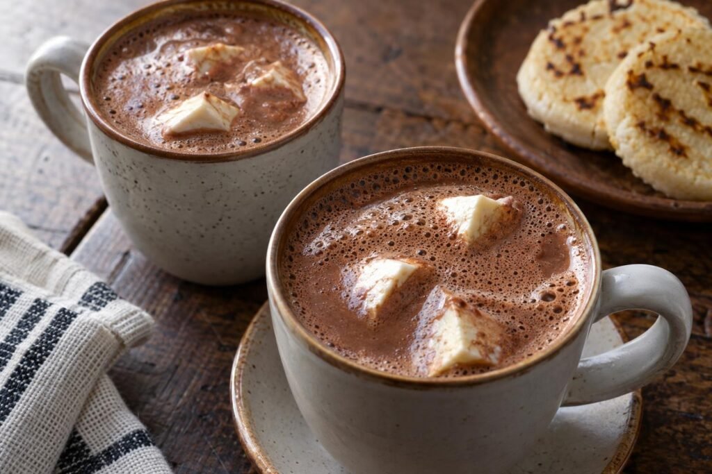 Dos tazas de chocolate santafereño espumoso con cubos de queso campesino dentro, servidas calientes.