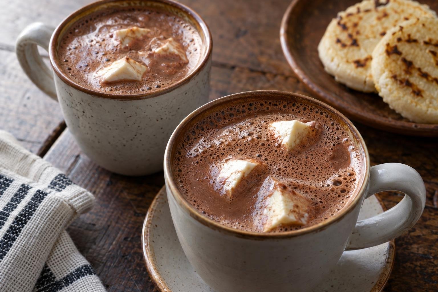 Dos tazas de chocolate santafereño espumoso con cubos de queso campesino dentro, servidas calientes.