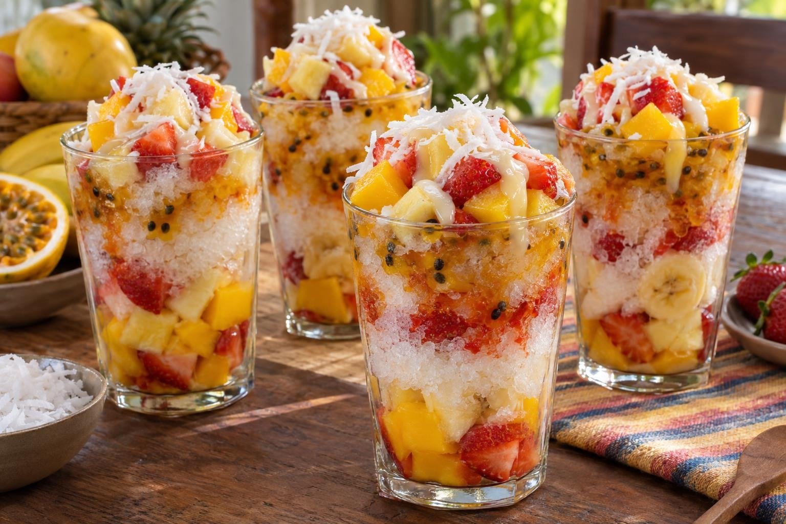Cuatro vasos de cholado valluno colombiano con hielo raspado, mango, piña, fresas, banano, sirope, leche condensada y coco.