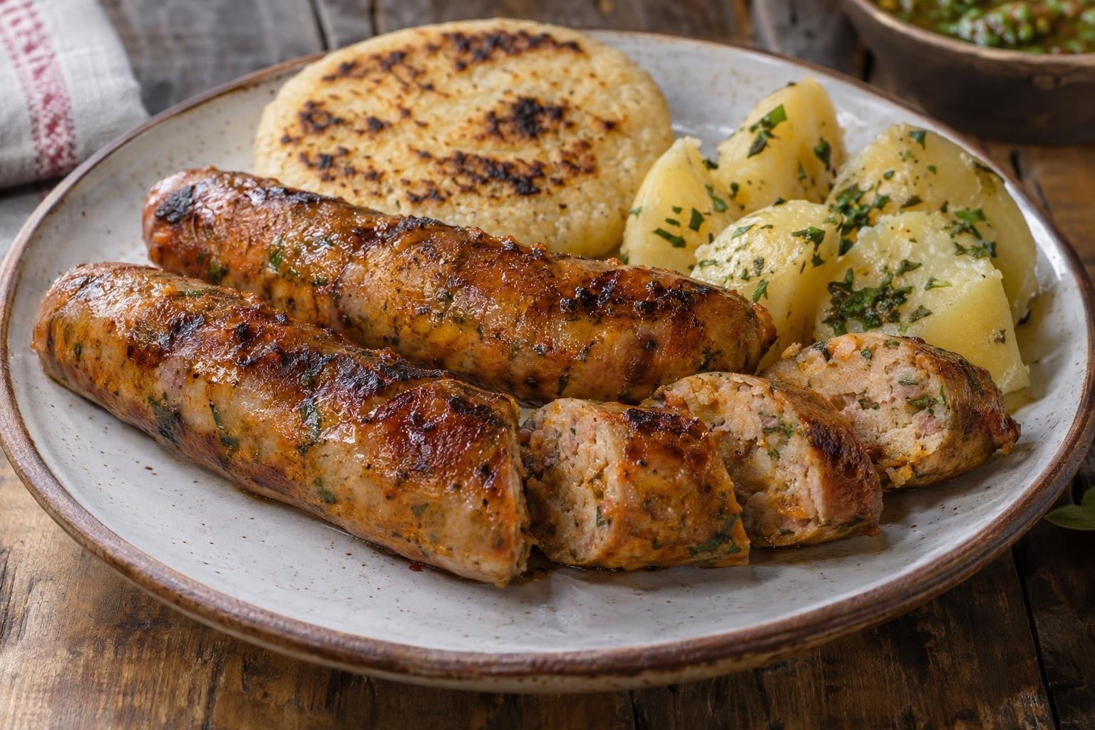 Chorizos santandereanos de cerdo dorados en sartén, algunos cortados, servidos con arepa y papa cocida.