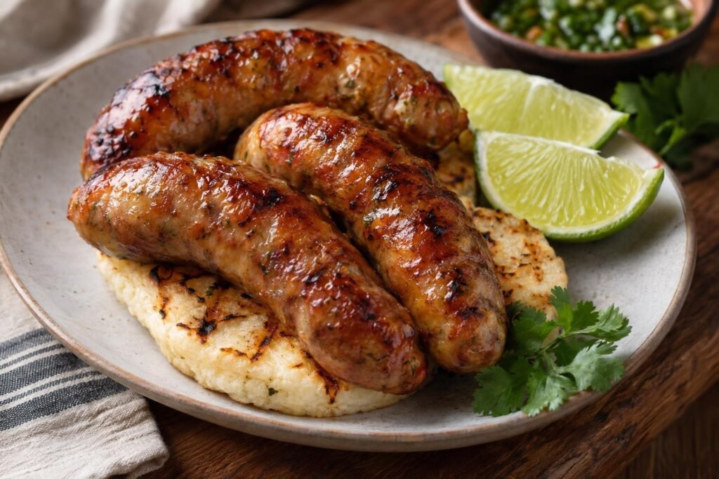 Chorizos antioqueños caseros dorados, servidos enteros junto a una arepa y gajos de limón.