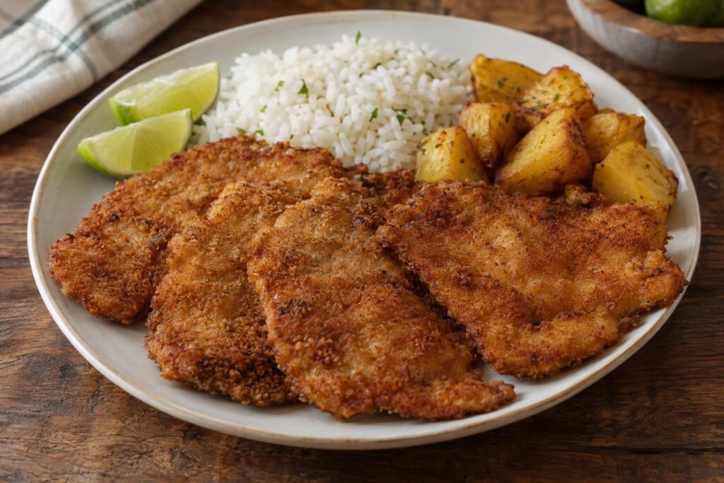 Chuletas de cerdo vallunas delgadas, apanadas y doradas, servidas con gajos de limón, arroz blanco y papas.