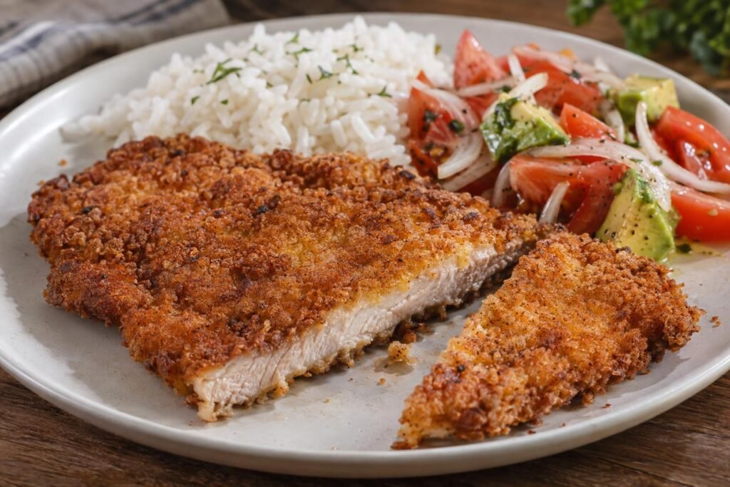 Chuleta valluna de cerdo apanada, dorada y crujiente, servida con arroz blanco y ensalada de tomate, cebolla y aguacate.
