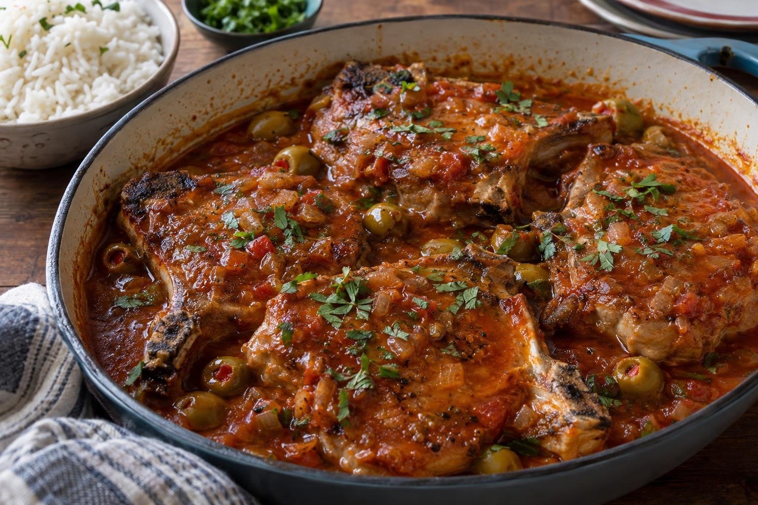 Chuletas de cerdo doradas guisadas en salsa de tomate con sofrito, aceitunas verdes y cilantro, servidas junto a arroz blanco.