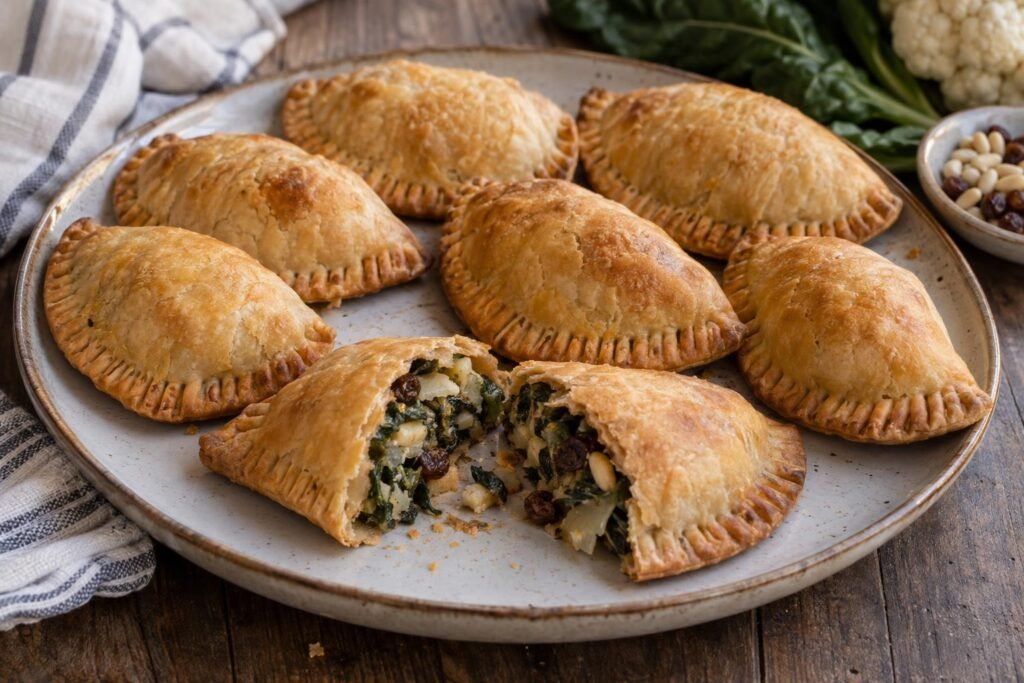 Cocarrois mallorquines horneados en forma de media luna, rellenos de acelga, coliflor, pasas y piñones.
