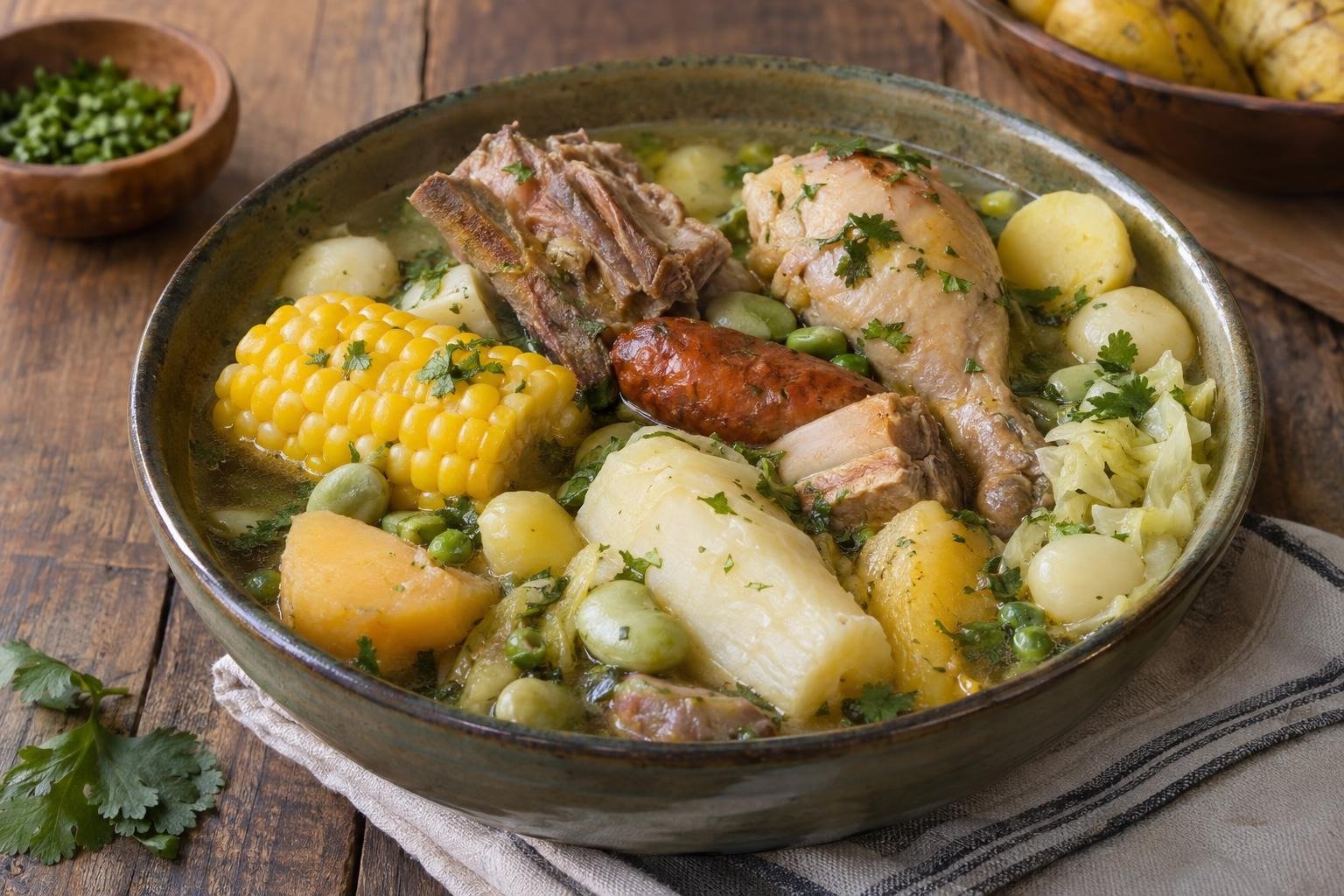 Cocido boyacense con res, cerdo, pollo, chorizo, mazorca y tubérculos enteros servido en una fuente con caldo