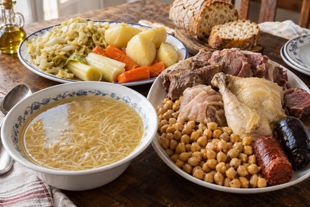 Cocido español tradicional servido con sopa de fideos, garbanzos, carnes, chorizo, patatas y verduras en fuentes separadas.
