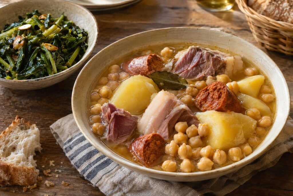 Cocido gallego servido con garbanzos, patatas, lacón, tocino, chorizo y grelos aliñados con ajo y pimentón.